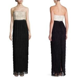 Nicole Miller New York NWD Cream Black Sequin Fringe Strapless Maxi Dress Size 8